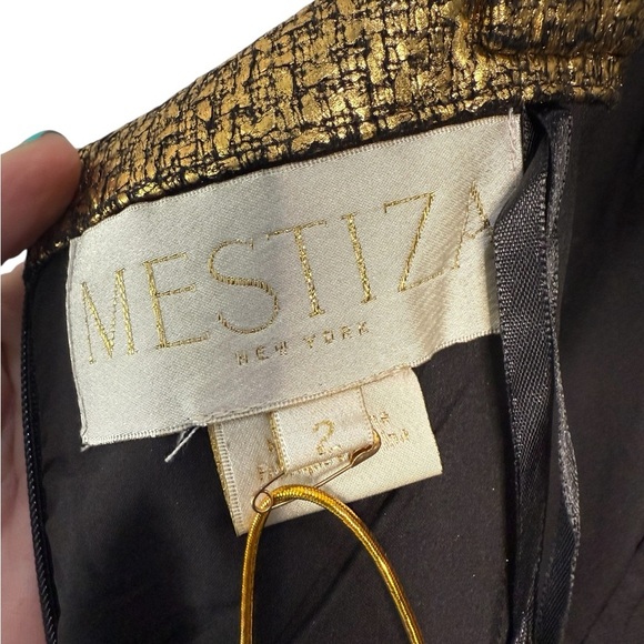 Mestiza New York Jody Metallic Gold Tweed Square Neck Flutter Hem Midi Dress - Picture 6 of 16